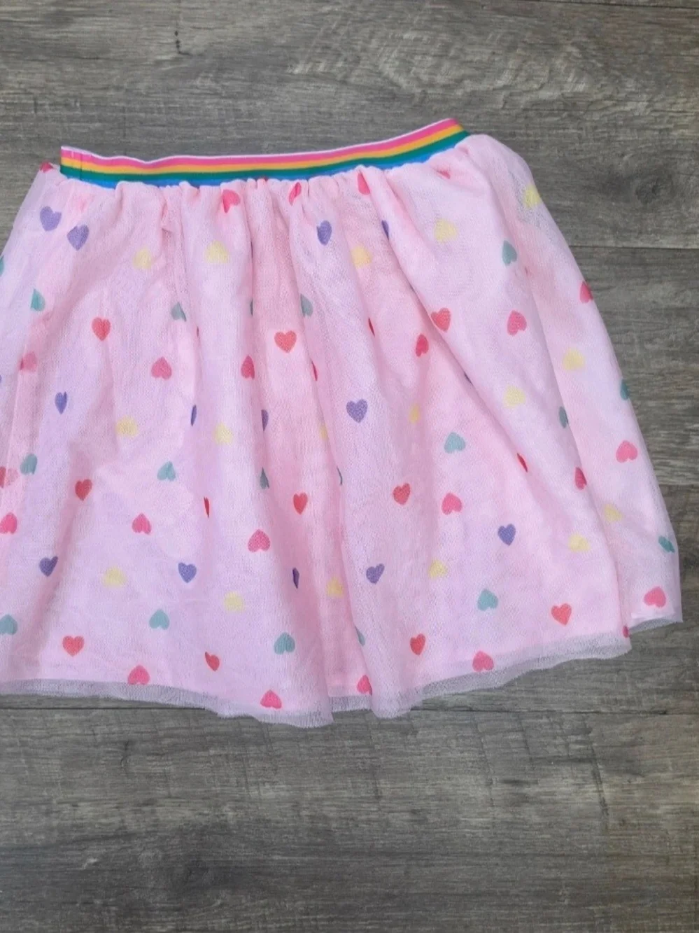 Girls Pink Heart Print Tulle Skirt with Rainbow Waistband